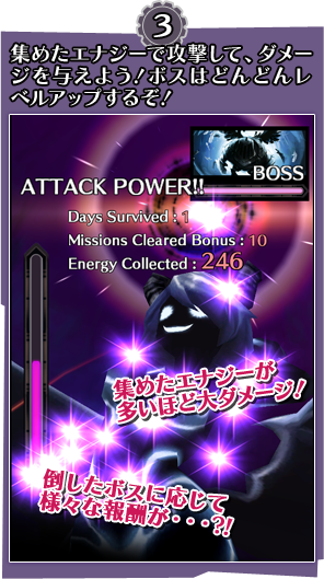 3.集めたエナジーで攻撃して、ダメージを与えよう!ボスはどんどんレベルアップするぞ!