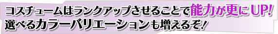 コスチュームはランクアップさせることで能力が更にUP！選べるカラーバリエーションも増えるぞ！